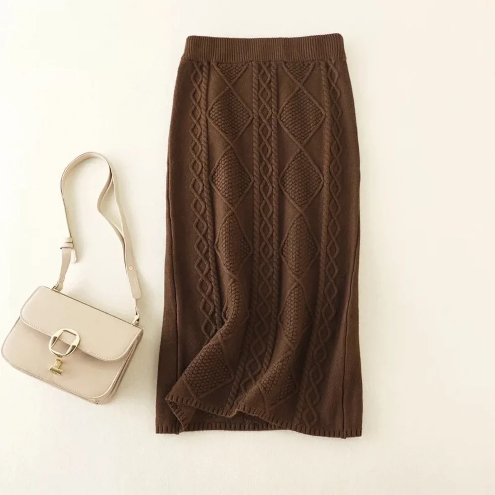 NEW Brown Cable Knit Stretchy Bodycon Midi Sweater Skirt